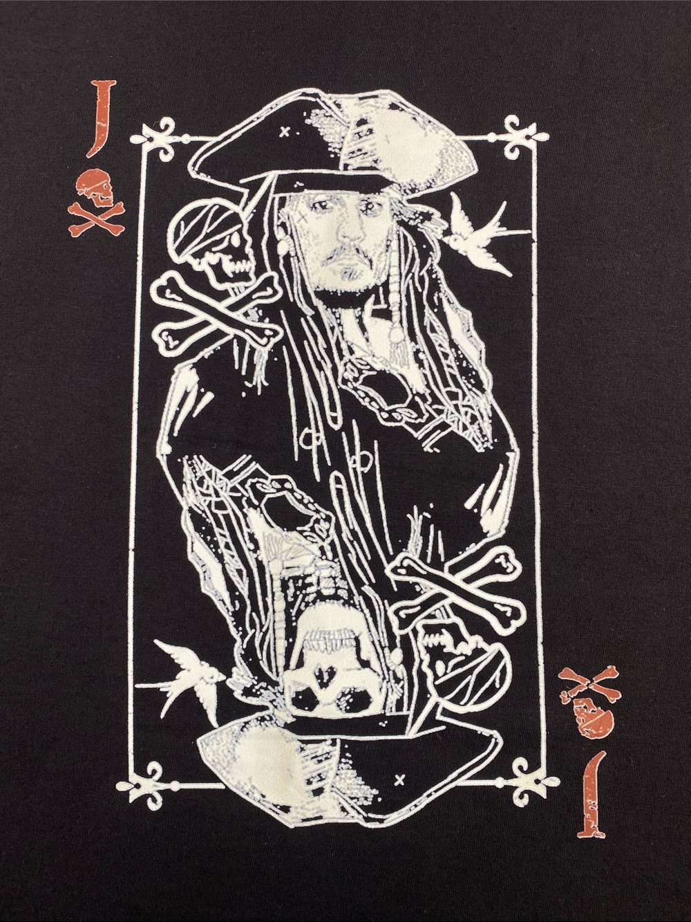 Black Graphic Pirate Playing Card Tee White and Rust Print pirates of Caribbean